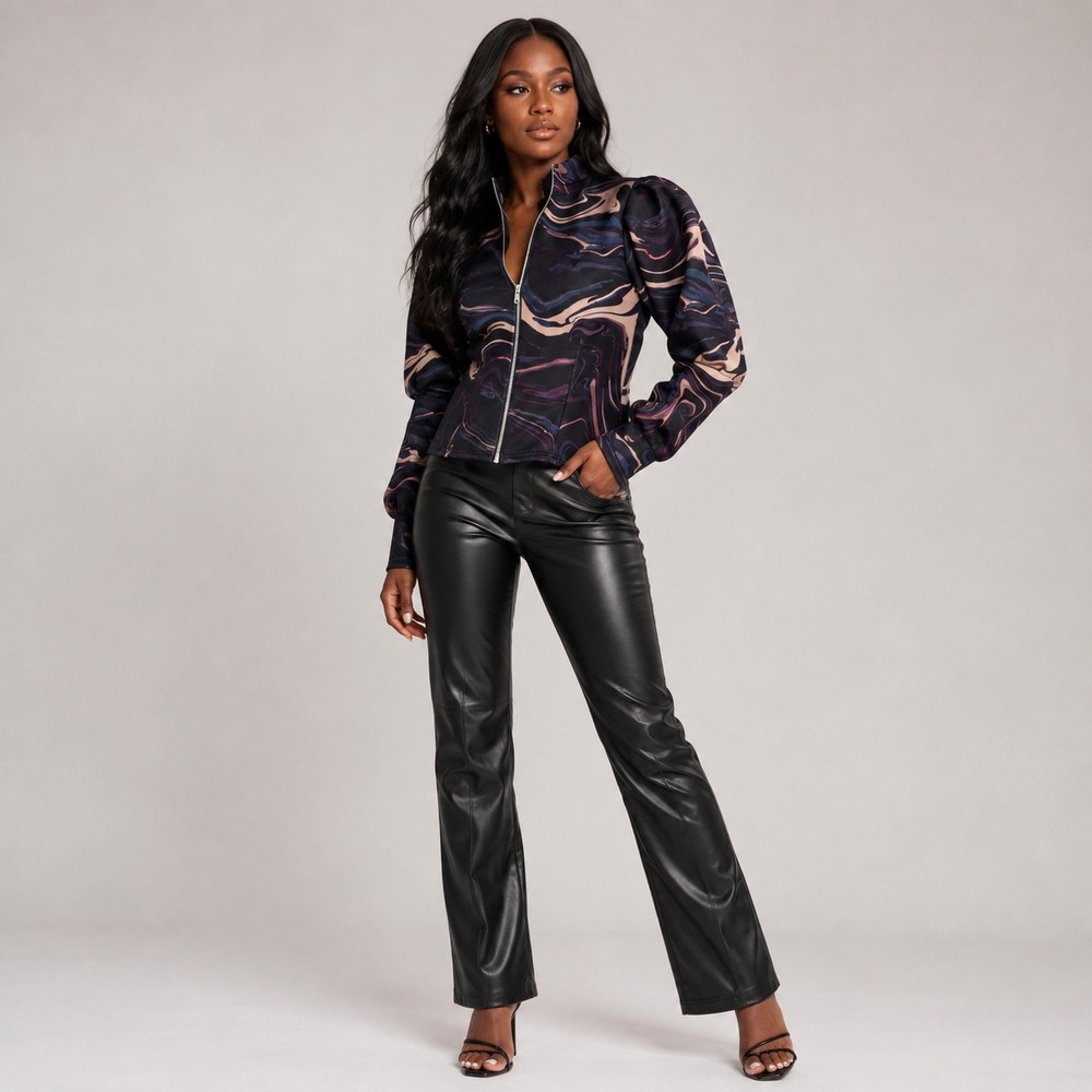 Juliet Womens Marble‎ Swirl Puff Sleeve Zip Up Jacket Purple Multi Size L NWT
